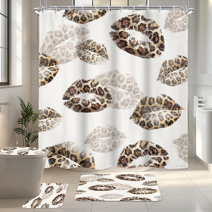 4 PCS Kiss Lips Shower Curtain Set 72Wx72H,Toilet Lid Cover,Non-Slip Rugs and U-Shaped Mat,Wild Cheetah Leopard print Bathroom Sets with Rugs Shower Accessories 12 Hooks for Bathroom Decor