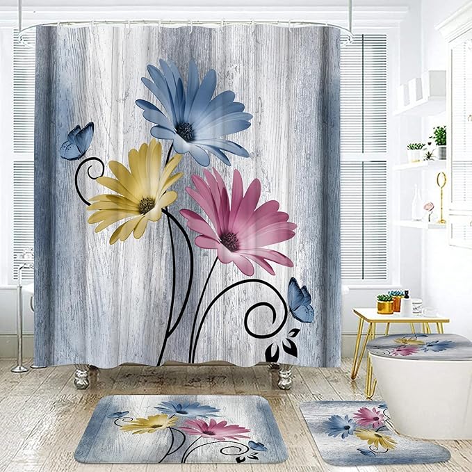 Onalasyc 4PCS Country Hot Pink Daisy Flower Farmhouse Shower Curtain Set with Shower Curtain and Carpet and Accessories, Waterproof Bathroom Shower Curtain Decorative Set with 12 pcs Hooks,71 x 71in