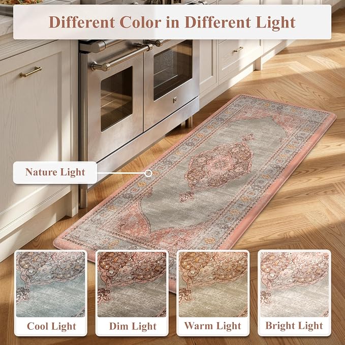 Collive Boho Kitchen Mats for Floor Cushioned, Anti Fatigue Waterproof Kitchen Rug Set of 2 Non Skid Comfort Standing Mat for Office, Sink, Laundry, 17.3"x29"+17.3"x47"(Coral & Greige)