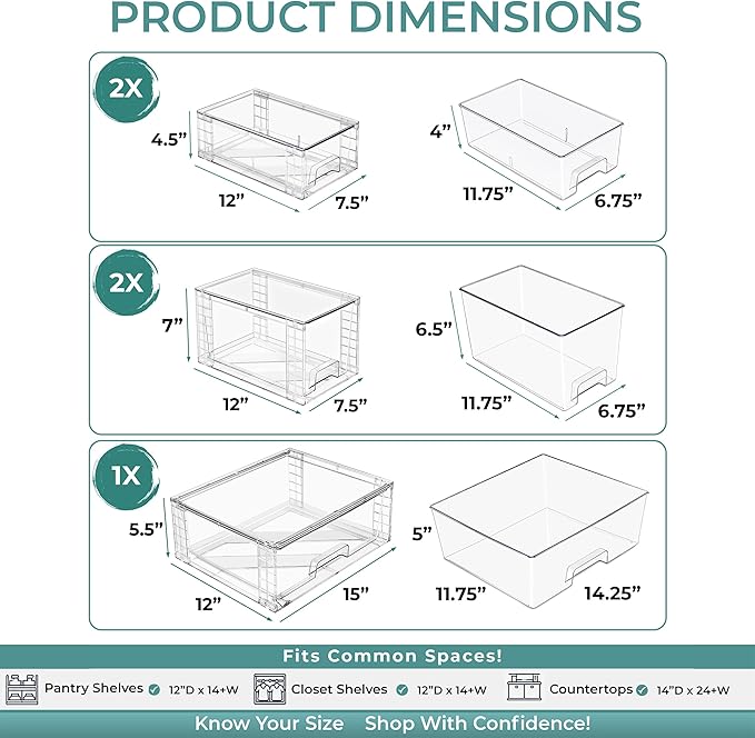 Sorbus Stackable Clear Storage Drawers 5 Pack (1 Wide + 2 M + 2 S) Acrylic Organizers, Pantry Drawers, Bathroom Closet Organizer for Under Sink, Vanity, Makeup, Linen Closet & Hair Product Organizer