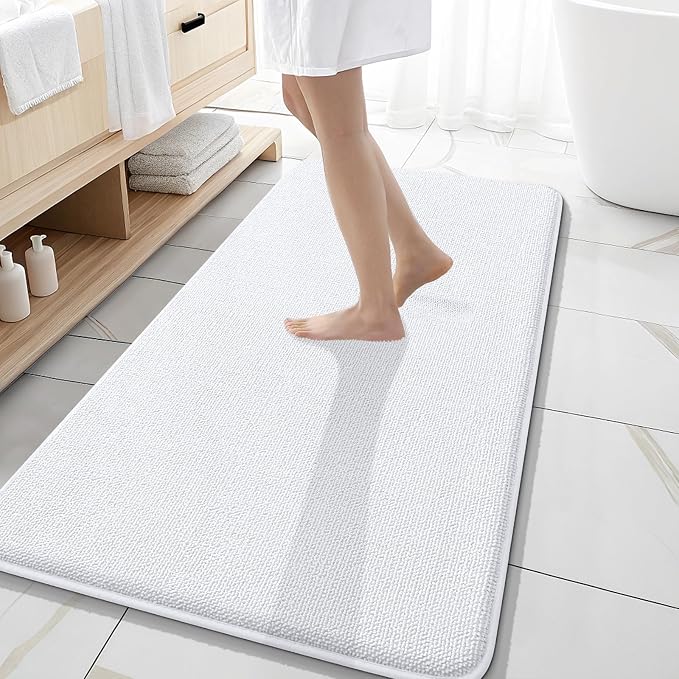 OLANLY Thick Memory Foam Bathroom Runner Rugs 47x20, Extra Soft Absorbent Long Bath Rug, Quick Dry Bath Mats, Non-Slip, Machine Washable Mat for Bathroom, Tub and Shower, Home Decor Accessories, White