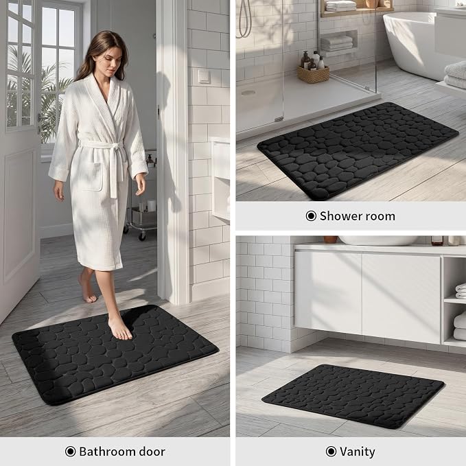 YIHOUSE Bathroom Mat Rug, Memory Foam Bath Mat, Non-Slip Bathroom Floor Mats, Cobblestone Bath Mats Absorbent Bath Rugs Washable Quick Dry (17x24,Black)