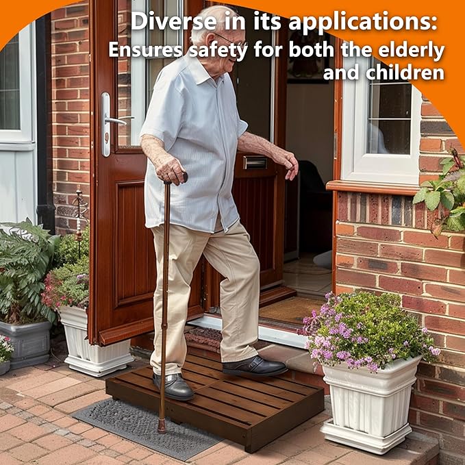 Indoor Wooden Step Stool 3.5'' Height, Outdoor Steps with Non Slip Pads, Step for Outside, Safety Stepping Stool for Bathroom, Kitchen, Bed, Dark Brown