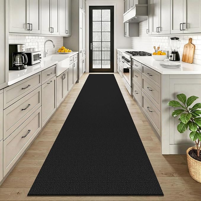 KOZYFLY Black 2.5'x12' Runners Rugs for Hallway, Long Washable Runner Rug, Woven Non Slip Kitchen Runner, Braided Entryway Rug, Floor Carpet for Entry, Aisle, Hall, Black/Dark Grey