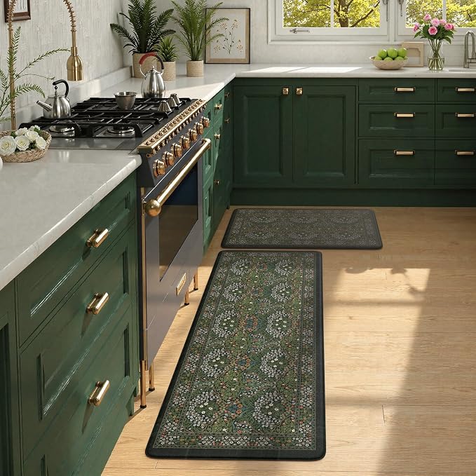 Collive Anti Fatigue Kitchen Rugs Sets of 2, Non Slip Waterproof Kitchen Mat Spring Vintage Floral Runner Rug, Ergonomic Comfort Desk Rugs for Floor, 20" x 47" + 20" x 32", Dark Green