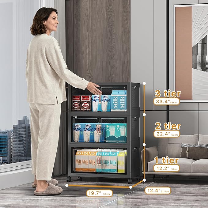 UAMFURI Stackable Storage Bins with Lids, Closet Organizers and Storage with Doors and Wheels, Extra Large Storage Cabinet for Bedroom Office Garage (Dark-55qt, 3Pack with 1 top lid)