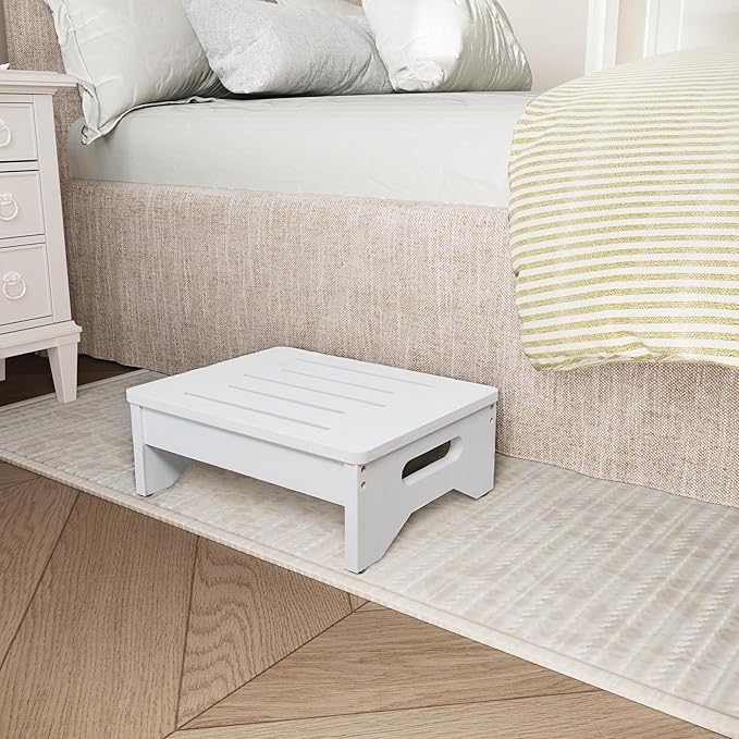 Wooden Step Stool for Adults & Kids, Non-Slip Rubber Feet, 6.5 INCH High, Lightweight Small Step, 450 LBS Capacity, Bed Step Stool for High Bed, Bathroom & Kitchen (White)