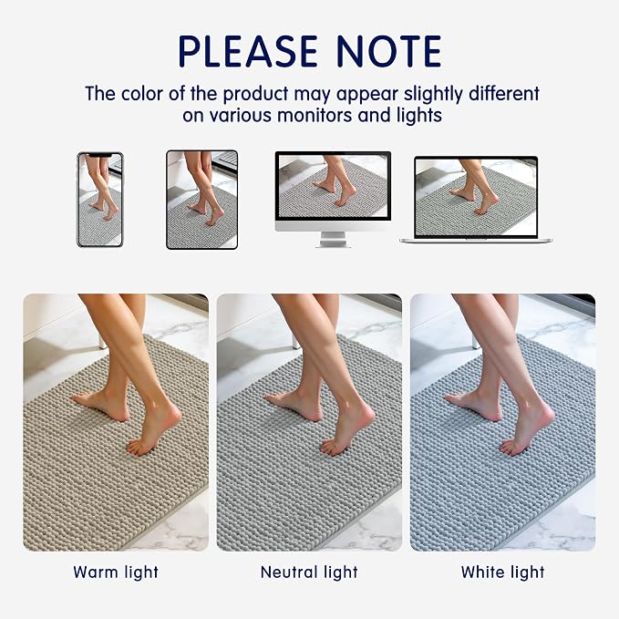 SUBRTEX Bathroom Rugs Chenille Bath Rug Soft Short Plush Bath Mat Soft Shower Mat Water Absorbent Shower Mat Quick Dry Machine Washable(Light Gray,18" x 24")