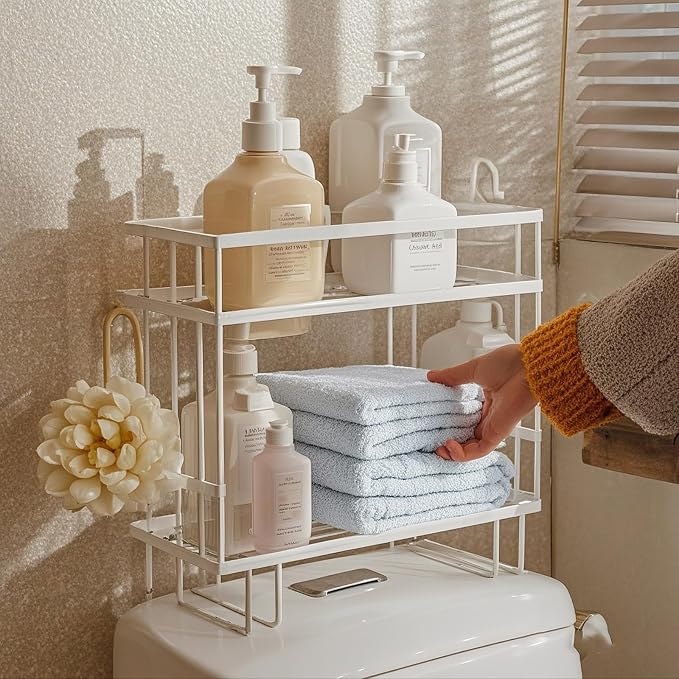 ShellKingdom Over The Toilet Storage Shelf, 2 Tier Toilet Paper Holder Stand Shelves, Punch-Free Bathroom Storage Rack with 2 Hooks, Small Space Organizers for Bathroom, Home, Countertop, White