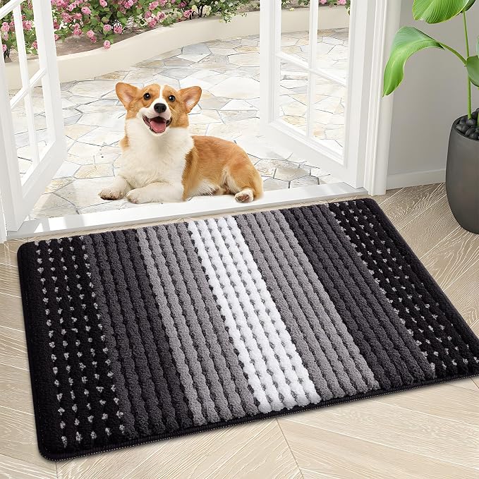 Kitinjoy Indoor Outdoor Door Mat, 30x17 Non-Slip Absorbent Dirt Trapper, Low-Profile Washable Inside Entrance Front Floor Mat, Sturdy Soft Entry Dotted Ombre Doormats for Entryway, Black