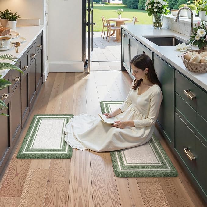 KIMODE Kitchen Mats Cushioned Anti Fatigue, Farmhouse Kitchen Rugs Sets of 2, Non Slip Kitchen Mats for Floor, Comfort Dark Green Kitchen Floor Mats for Home Decor Sink Laundry Desk 17"x47"+17"x29"