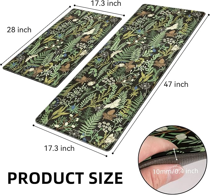 Black Green Botanical Kitchen Rugs Set of 2 Plant Leaf Anti-Fatigue Kitchen Mat Natural Comfort Standing Waterproof PVC Mats 2/5" Thick Leather Carpet for Laundry Office Sink(17.3" x28" + 17.3" x 47")