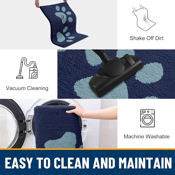Smiry Dog Door Mat for Muddy Paws, Absorbs Moisture and Dirt, Low-Profile Entryway Mat with Non-Slip Backing, Entry Indoor Outdoor Doormat for Inside Floor (47x24 Inches, Dark Blue, Paw)