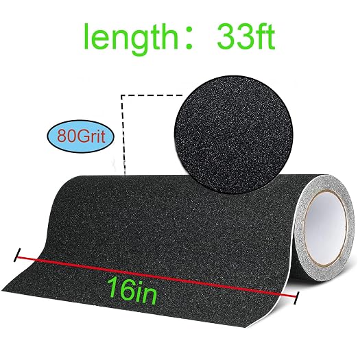 16in x 33Ft Anti Slip Tape,80 Grit Black Heavy Duty Anti Slip Safety Grip Tape, Waterproof, for Stairs Outdoor/Indoor,High Traction Stairs Non Skid Treads