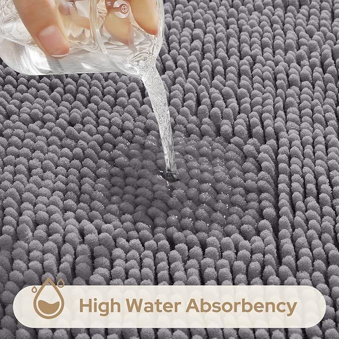 HOMEIDEAS 3 Pieces Bathroom Rugs, Soft Thick Absorbent Chenille Bath Mats, Washable Non-Slip Floor Rugs for Shower & Bath, Grey