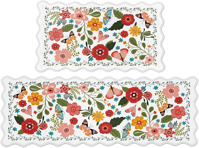 Arenarug Scalloped Kitchen Mats for Floor 2PC Cushioned Anti Fatigue Kitchen Mats Rugs Waterproof Non Slip Farmhouse Boho Floral Comfort Foam Standing Mat for Sink Laundry, White