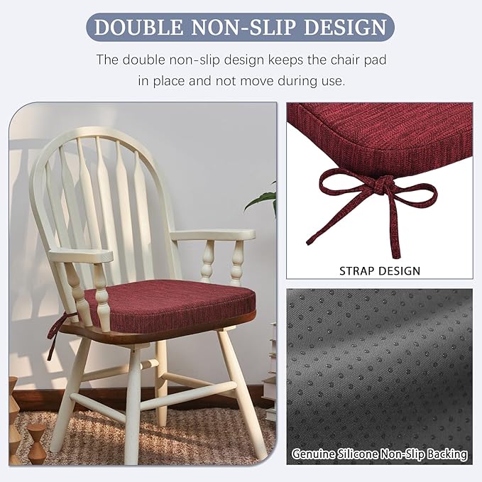baibu Kitchen Chair Cushions Set of 4, Dual-Layer Patented Design Memory Foam Dining Chair Pads with Ties and Washable Cover, 4 Pack, 17" x 16" x 2", Wine Red