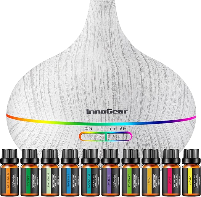 InnoGear Aromatherapy Diffuser & 10 Essential Oils Set, 400ml Diffuser Ultrasonic Diffusers for Home Cool Mist Humidifier with 4 Timers 7 Colors Light Waterless Auto Off, White Grey