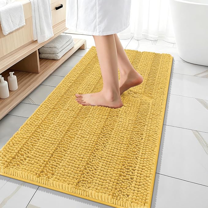 OLANLY Thick Bathroom Runner Rugs 47x20, Extra Absorbent Chenille Striped Bath Rugs, Rubber Backing, Machine Wash Dry, Long Bath Mats for Bathroom Floor, Tub and Shower, Home Decor Accessories, Yellow