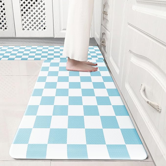 Sky Blue Checkered Grid Checkerboard Kitchen Rug Sets [2 PCs], Anti-Fatigue, Waterproof Non-Slip Kitchen Mats Heavy Duty Ergonomic Comfort Foam Rug for Floor, Home, Laundry,17"x29"+17"x47"