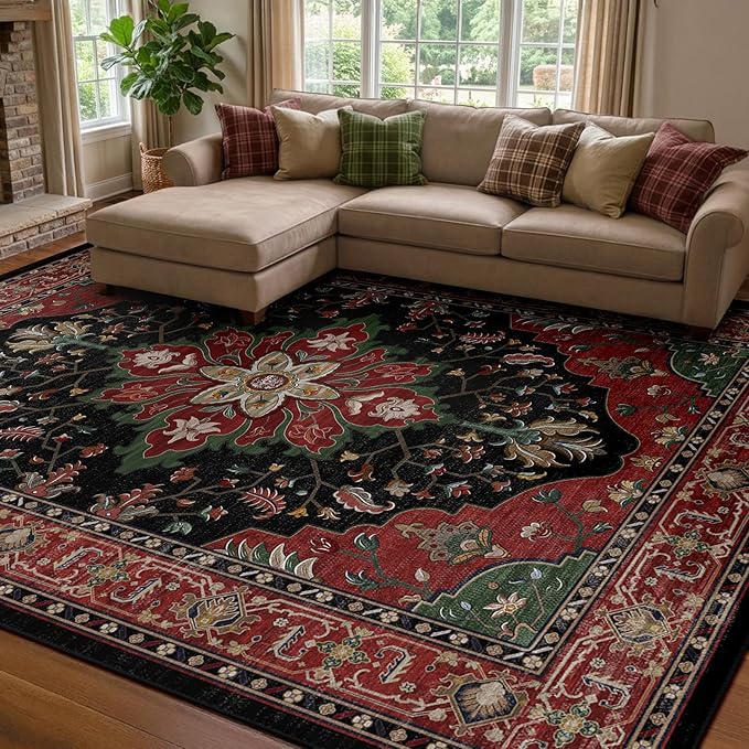 RELEANY Area Rugs 7'x10' Washable Non-Slip, Floral Vintage Distress Medallion Carpet for Living Room Bedroom Dining Room, Red Black