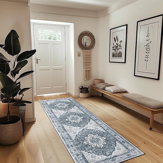 RELEANY Area Rugs Runner 2'x8' Washable Non-Slip, Floral Vintage Distress Medallion Carpet for Kitchen Hallway Bedroom Beside Laundry Room Bathroom, Light Gray Grey White