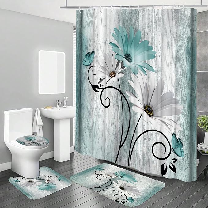 Onalasyc 4PCS Teal Daisy Country Farmhouse Shower Curtain Set with Shower Curtain and Carpet and Accessories, Waterproof Bathroom Shower Curtain Decorative Set with 12 pcs Hooks,71 x 71in