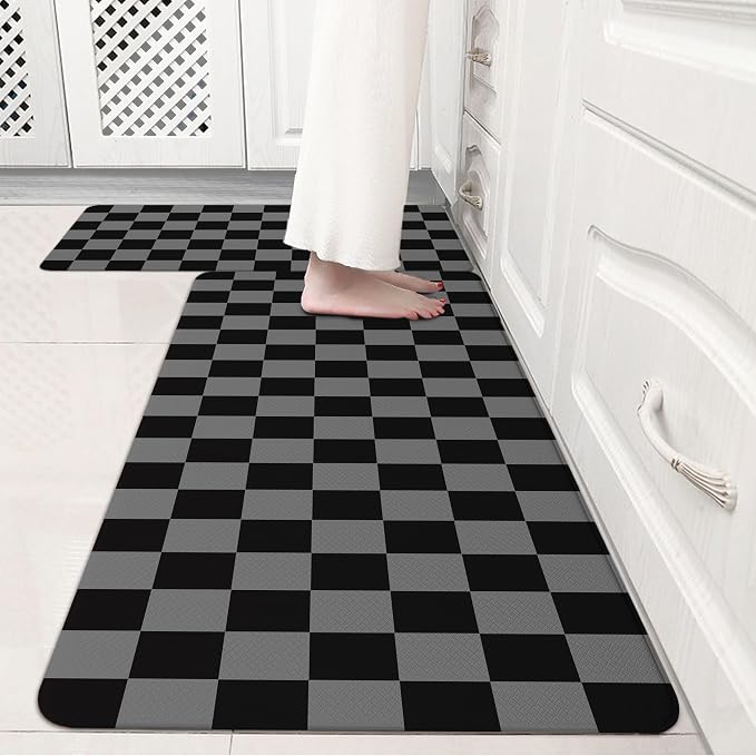 Black Grey Checkered Grid Checkerboard Kitchen Rug Sets [2 PCs], Anti-Fatigue, Waterproof Non-Slip Kitchen Mats Heavy Duty Comfort Foam Rug for Kitchen, Floor, Laundry,17"x29"+17"x47"