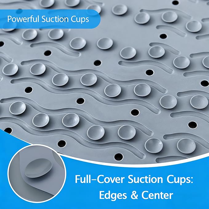 Non Slip Bathtub Mat & Shower Mat, 31x15'' Anti Slip Bath Mat for Tub, Soft TPE Anti-Skid Bathroom Mat with 194 Suction Cups & Drain Holes, Wave-Textured Grip, Machine Washable, Grey