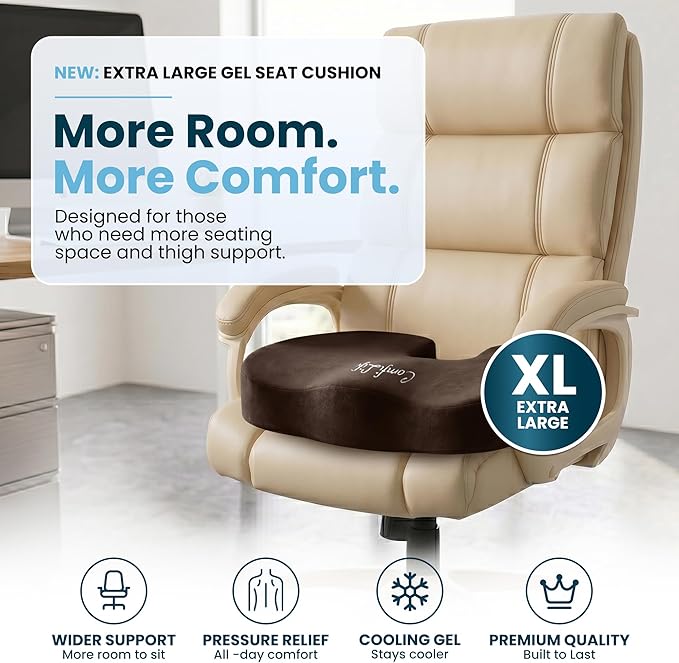 ComfiLife Extra Large Gel & Memory Foam Seat Cushion - Doctor Recommended Office Chair Cushion, Car Seat Cushion - Back & Sciatica Pain Relief - Wide Seat Cushion for Big & Tall (Brown)
