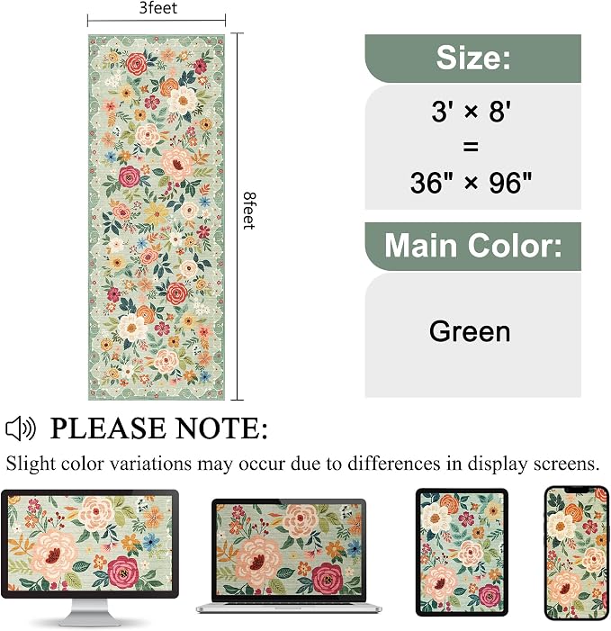 DUKINO 3x8 Runner Rug, Washable Rug for Kitchen with Non Slip Backing, Soft Non Shedding & Low Pile Design Long Floor Carpet Runner for Hallway, Bathroom, Entryway, Laundry, Green
