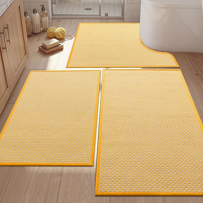 YIHOUSE Thin Bath Mat Yellow Bathroom Rugs Sets 3 Pieces, Non Slip Absorbent Bath Mats Quick Dry, Woven Braided Rugs Washable, Rubber Tapetes para Baño for Bathroom Toilet,Bathtub
