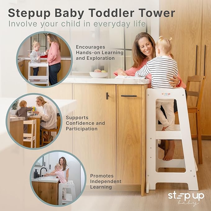 Stepup Baby Toddler Standing Tower - 3 Level Adjustable Wooden Kitchen Step Stool, Bathroom Sink, Kitchen Counter, Kids 18 Months to 4 Years Gift - White