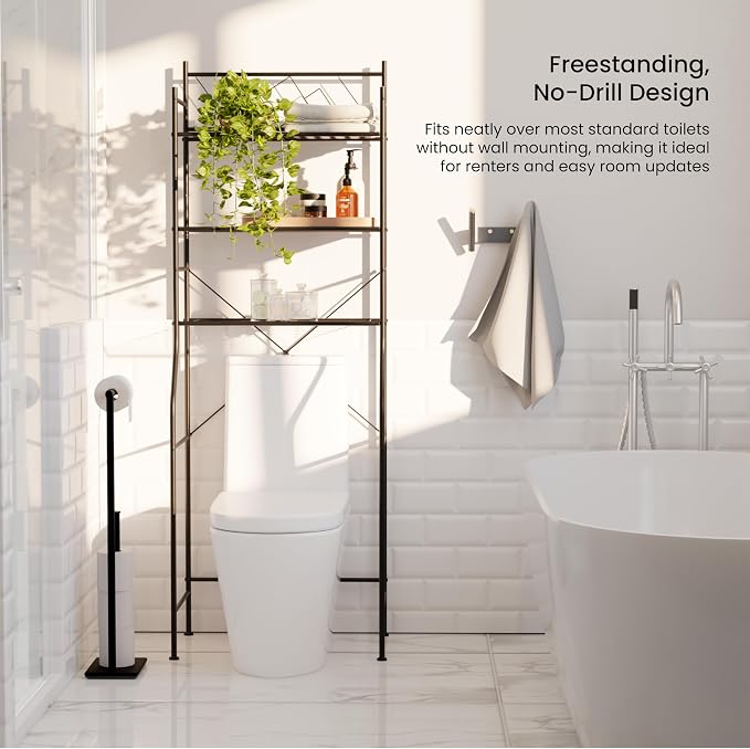 Home Zone Living Over the Toilet Storage Bathroom Organizer 3-Tier Freestanding Steel Frame Shelves with Wide Stabilizing Base and Adjustable Feet, Matte Black