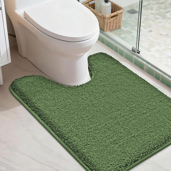 COSY HOMEER Toilet Rugs U-Shaped 24"x20",Soft Absorbent Bath Mat with Non-Slip TPR Backing, Machine Washable Shaggy Bath Rug for Toilet,Green