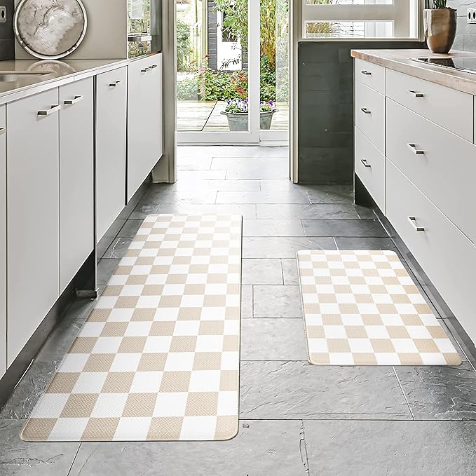 Cream Checkered Grid Checkerboard Kitchen Rug Sets [2 PCs], Anti-Fatigue, Waterproof Non-Slip Kitchen Mats Heavy Duty Ergonomic Comfort Foam Rug for Floor, Home, Laundry,17"x29"+17"x47"
