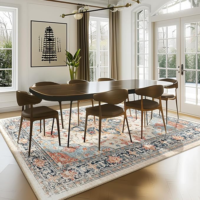 RELEANY Area Rugs 7'x9' Washable Non-Slip, Floral Vintage Distress Medallion Carpet for Living Room Bedroom Dining Room, Beige Navy Blue Orange Colorful