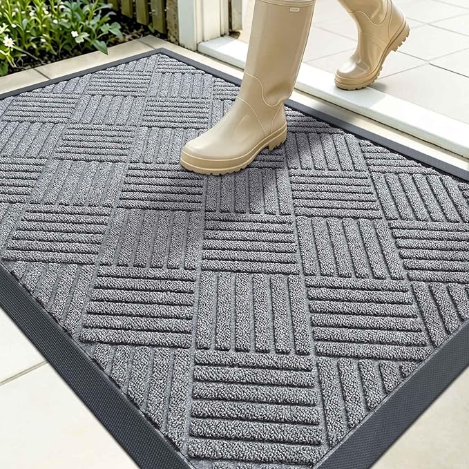 OLANLY Front Door Mat Outside Entrance 35x23, Absorbent, Heavy Duty Sturdy Natural Rubber Doormat Indoor Outdoor, Stain Fade Resistant, Non-Slip Low Profile Floor Mat Entryway, Charcoal Gray Diamond