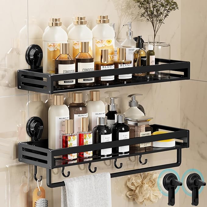 Suction Cup Shower Caddy, 15.7 inch Extended Version, 5 Hooks & Towel Rrack, No Drilling Required, Rust-resistant Bathroom Shower Organizer,with 2 Extra Suction Cups for Replacement Use(2Pack-Black)