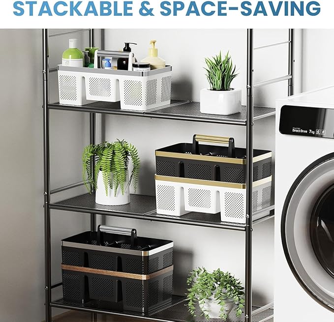 BYUNER Plastic Shower Caddy Dorm: Portable Shower Basket Tote with Handle, 4 Compartments, All-Side Drainage, Hard Bathroom & Cleaning Caddy Organizer for college Dorm Room Essentials, White/Silver