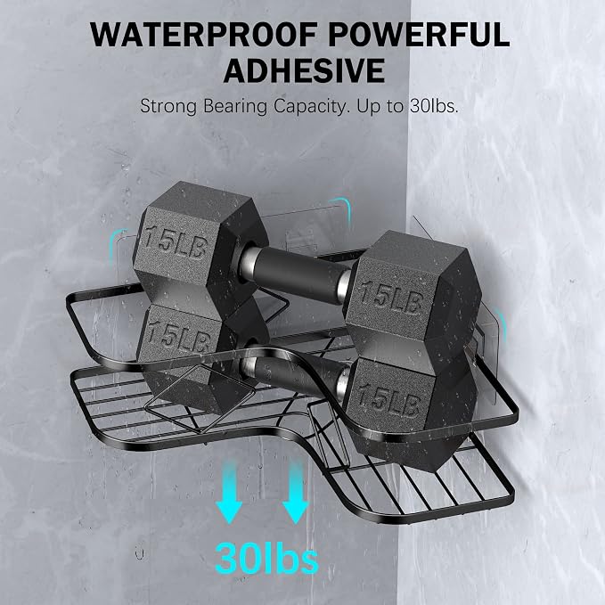 Shower Caddy, 2 Pack Corner Organizer Shelf, Rustproof Wall Mount Shower Storage Rack, No Drilling, 40 lbs Capacity (Glossy Black)