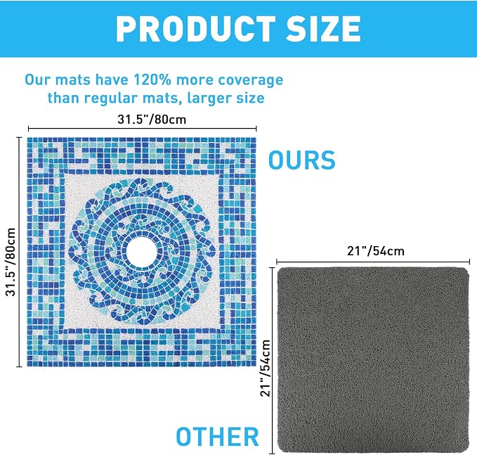 Square Shower Mat Non Slip: 32 x 32 Inch Extra Large Shower Mats with Drain Hole in Middle - PVC Loofah Anti Slip Shower Floor Matt for Inside Shower