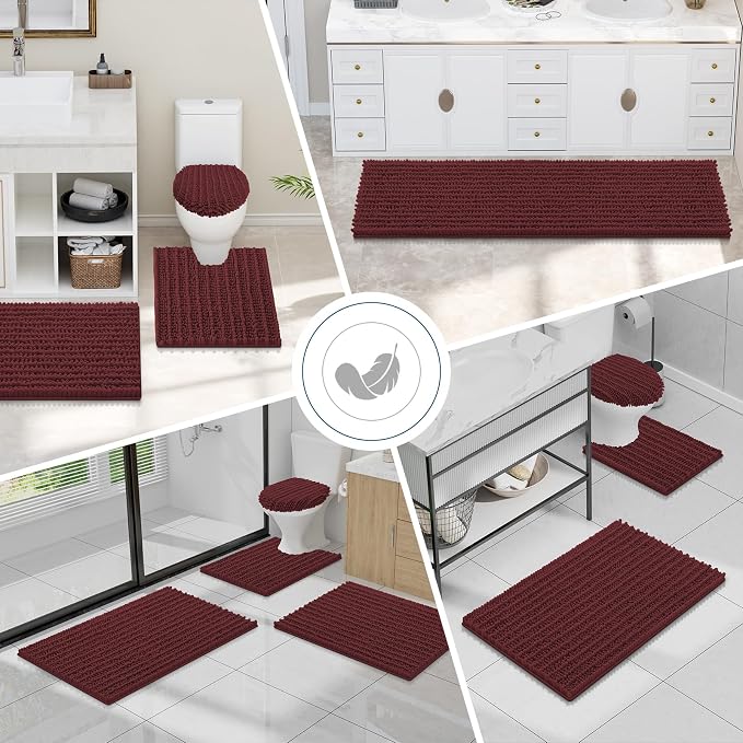 Smiry Bathroom Toilet Rugs U Shaped 24x20, Extra Soft Absorbent Non Slip Rubber Backing Chenille Contour Bath Rugs for Toilet, Machine Washable Contoured Bath Mats, Caramel Red