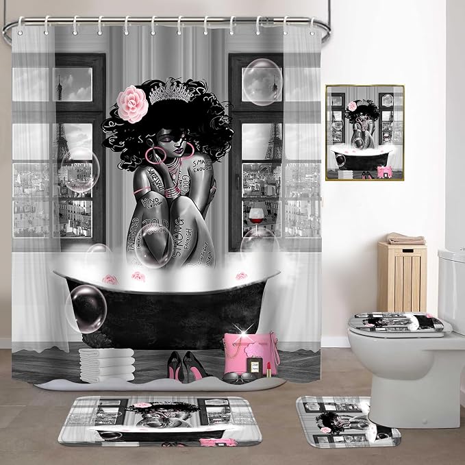 5Pcs Black Girl Shower Curtain Set with Decorative Painting, African American Wall Painting Bathroom Sets with Shower Curtain and Rugs, Trendy Women’s Bathroom Pictures for Wall Art Decor
