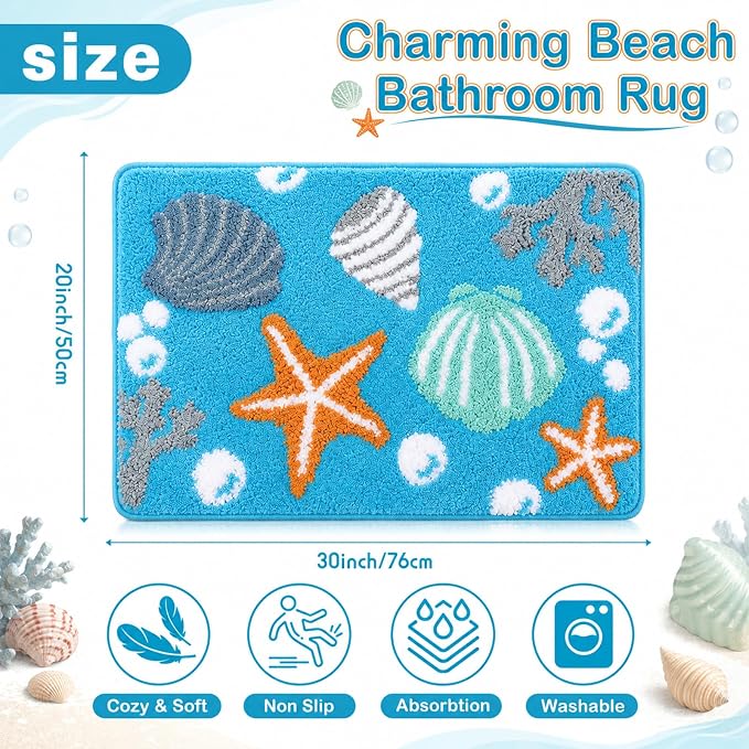 Capoda 1 Pcs Coastal Beach Bathroom Rug 20 x 30 Inch Starfish Seashells Coral Bath Mat Non-Slip Soft Plush Microfiber Ocean Themed Shower Rug for Bathroom Bedroom Entryway Decor(Coastal, Light Blue)