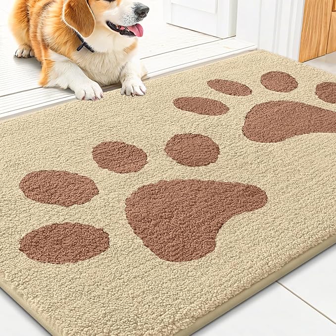 Smiry Dog Door Mat for Muddy Paws, Absorbs Moisture and Dirt, Low-Profile Entryway Mat with Non-Slip Backing, Entry Indoor Outdoor Doormat for Inside Floor (30x20 Inches, Light Beige, Paw)