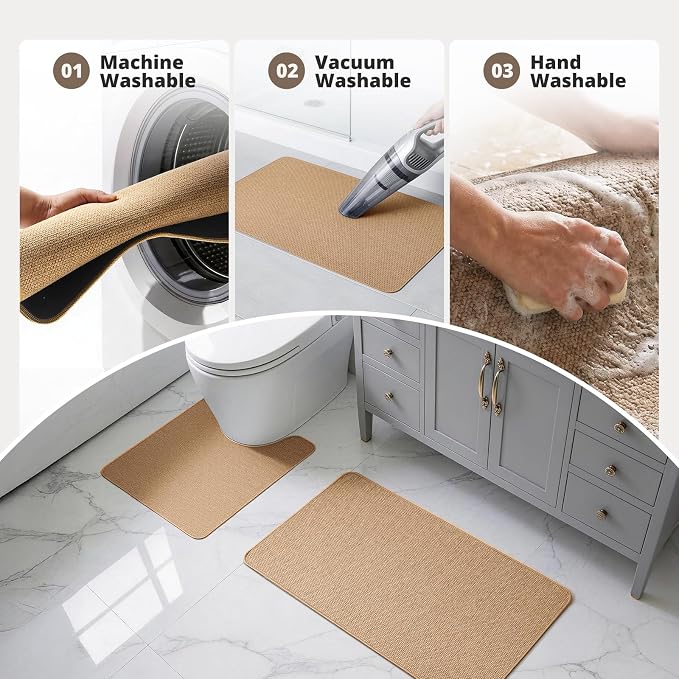 Bathroom Rugs Sets 2 Piece, Thin Bath Mat & U-Shaped Contour Toilet Rug Absorbent Quick Dry, Machine Washable, Non Slip Low Pile Bath Mats for Bathroom/Tub/Sink/Shower (27"x17" Plus 24"x20" U, Khaki)