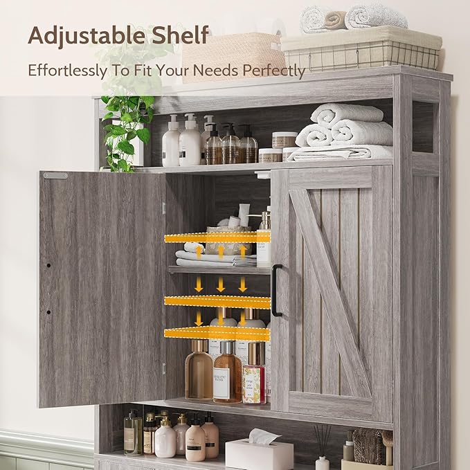 Over The Toilet Storage Cabinet with 2 Barn Doors & Built-in Toilet Paper Holder, Farmhouse Space-Saving Organizer for Bathrooms and Laundry Room, Grey