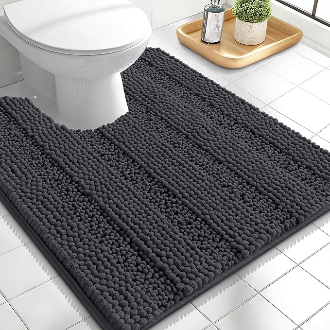 OLANLY Thick Toilet Rugs U-Shaped 24x20, Extra Soft Absorbent Chenille Striped Contour Bathroom Rugs for Toilet, Dry Quickly, Machine Washable, Non-Slip Bath Mat, Dark Grey