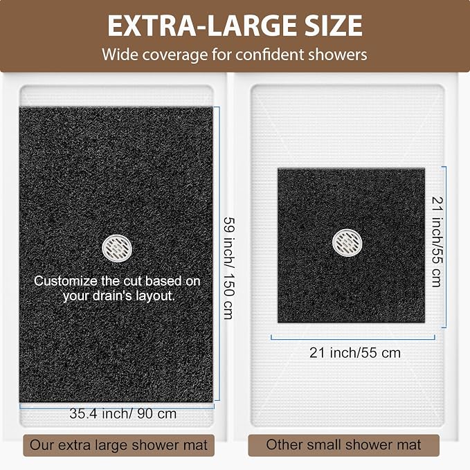 Shower Mat Non Slip: 59 x 34.5 Inch Extra Large Shower Mats for Inside Shower with Drain Hole - Soft PVC Loofah Anti Slip Shower Stall Mat for Walk-in Shower and Bathroom, Quick Drying